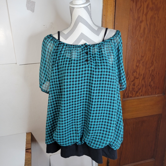 Womans Lane Bryant Teal/Black Check Top Attached Knit Cami/Bottom Band S 22/24 - Picture 2 of 9